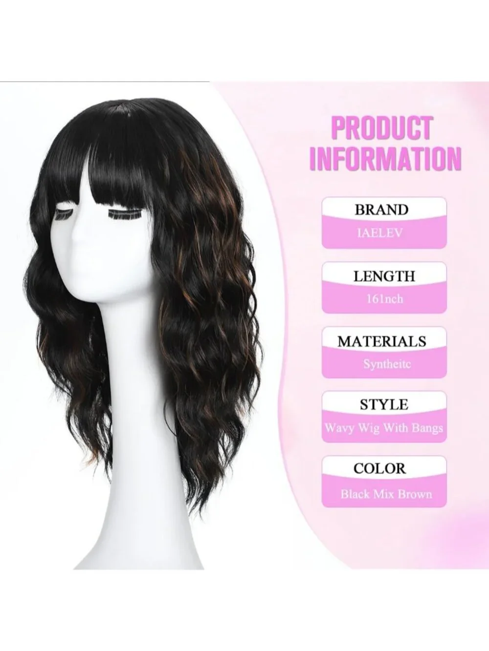 Women's Black Brown 16 Inch Wavy Wig With Bangs Shoulder Length Synthetic Hair